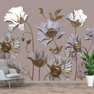 3D White Gold Floral Relief Mural Print | Custom Canvas Prints Nepal | Mural Prints Nepal | Wallpaper Nepal | Wall Art Nepal