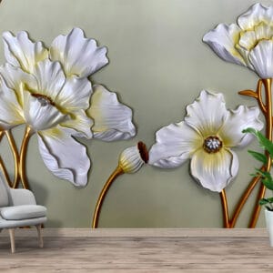 3D White Floral Gold Accent Mural Print | Custom Canvas Prints Nepal | Mural Prints Nepal | Wallpaper Nepal | Wall Art Nepal