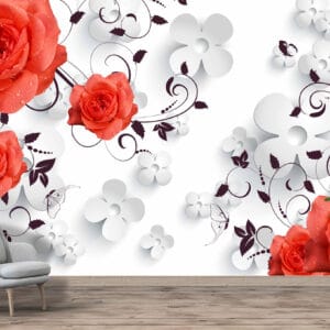 3D Red Roses White Flowers Mural Print | Custom Canvas Prints Nepal | Mural Prints Nepal | Wallpaper Nepal | Wall Art Nepal