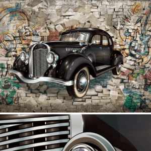 Vintage Car Graffiti Brick Mural | Custom Canvas Prints Nepal | Mural Prints Nepal | Wallpaper Nepal | Wall Art Nepal