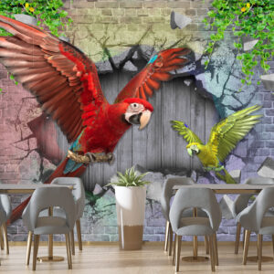 3D Parrots Breaking Brick Wall Mural | Bird Wall Decor Nepal | Custom Wallpaper Nepal | Wall Art Nepal | Custom Canvas Prints Nepal | Custom Mural Print Nepal