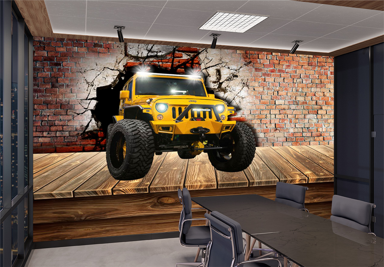 3D Yellow Jeep Breaking Brick Wall Mural 3D Yellow Jeep Breaking Brick Wall Mural | Automotive Wall Decor | Custom Wallpaper Nepal | Wall Art Nepal | Custom Canvas Prints Nepal | Custom Mural Print Nepal