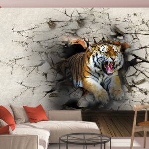 3D Roaring Tiger Breaking Wall Mural | Wildlife Wall Decor | Custom Wallpaper Nepal | Wall Art Nepal | Custom Canvas Prints Nepal | Custom Mural Print Nepal