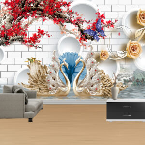 Abstract Flowers with Swan Figures Wallpaper | 3D Modern Mural | Canvas Prints Nepal
