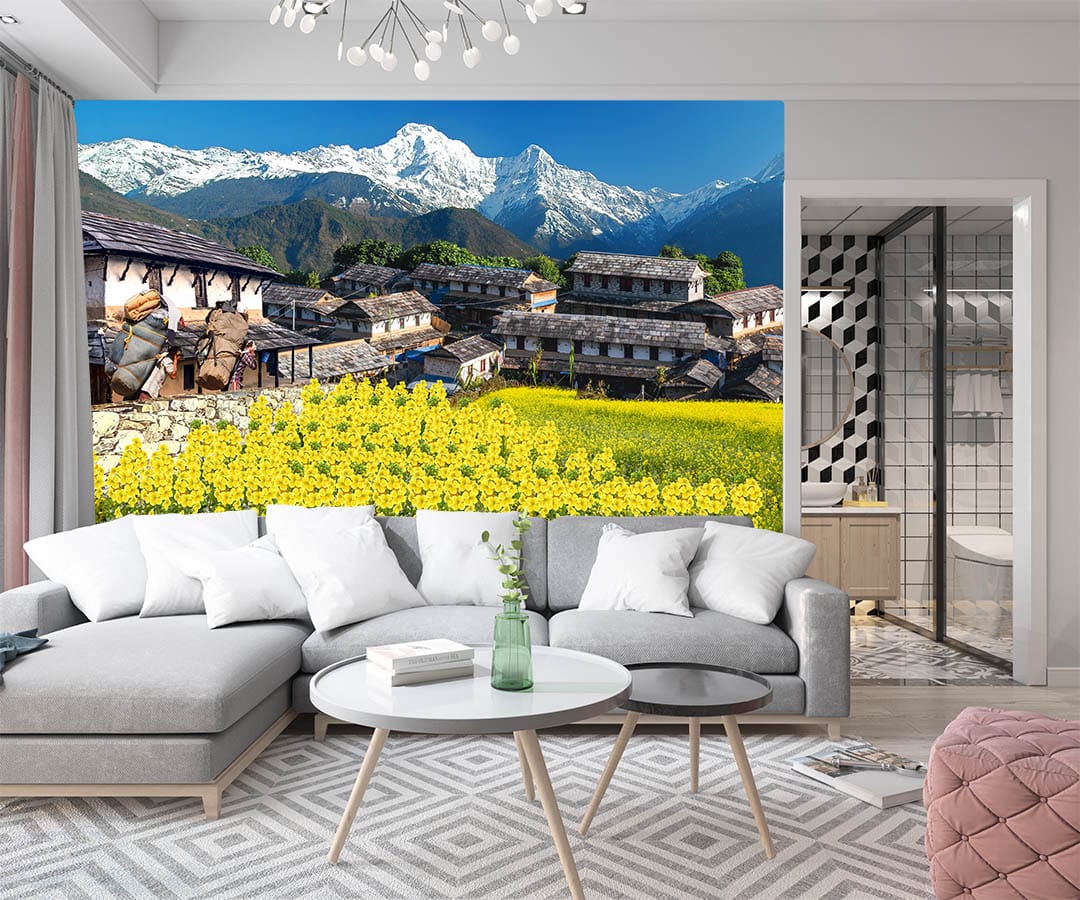 Himalayan Village Mustard Fields Mural Himalayan Village Mustard Fields Mural | Nepal Landscape Wall Decor | Custom Wallpaper Nepal | Wall Art Nepal | Custom Canvas Prints Nepal | Custom Mural Print Nepal