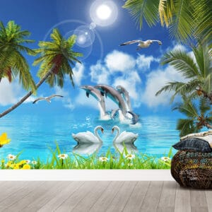 Tropical Dolphin Swan Beach Mural | Custom Canvas Prints Nepal | Mural Prints Nepal | Wallpaper Nepal | Wall Art Nepal