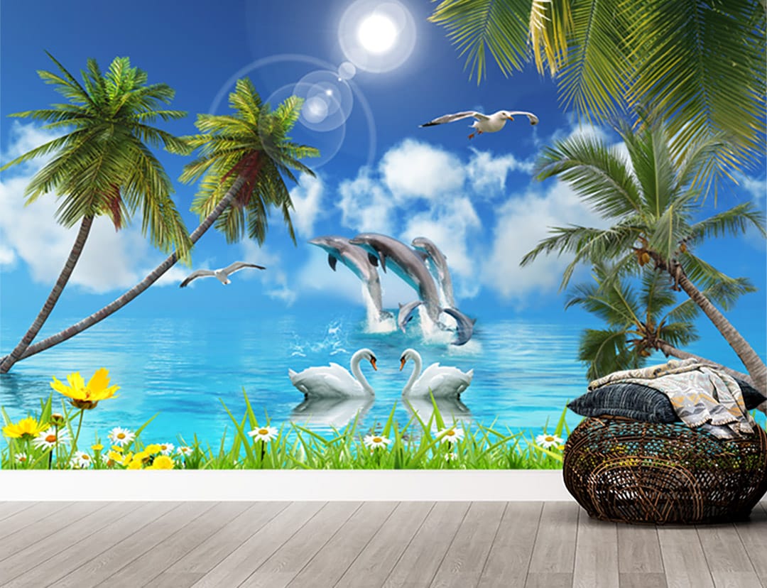 Tropical Dolphin Swan Beach Mural Tropical Dolphin Swan Beach Mural | Custom Canvas Prints Nepal | Mural Prints Nepal | Wallpaper Nepal | Wall Art Nepal