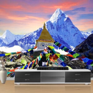 Himalayan Stupa Prayer Flags Mural | Nepal Mountain Wall Decor | Custom Wallpaper Nepal | Wall Art Nepal | Custom Canvas Prints Nepal | Custom Mural Print Nepal