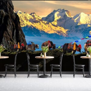 Himalayan Yak Train Sunset Mural | Nepal Mountain Wall Decor | Custom Wallpaper Nepal | Wall Art Nepal | Custom Canvas Prints Nepal | Custom Mural Print Nepal