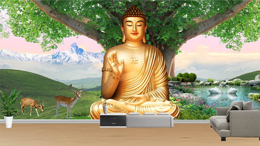Golden Buddha Bodhi Tree Mural Print Golden Buddha Bodhi Tree Mural Print | Spiritual Mural Print | Custom Mural Print | Wallpaper | Wall Art | Custom Canvas Prints