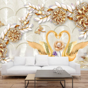 Golden Swan Mural Prints | Jeweled Flowers and Swan Decor | Canvas Prints Nepal