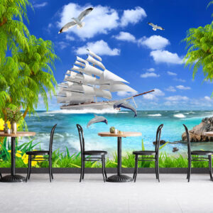 3D Sailboat Dolphin Wallpaper | Custom Canvas Print Nepal | Mural Prints Nepal | Wall Art Nepal
