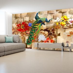 Stunning golden peacock mural print showcasing luxurious and elegant design | Canvas Print Nepal | Wall Art Print