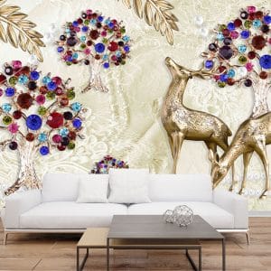 Enchanting jeweled deers trees mural print, a magical forest-inspired design | Canvas Print Nepal | Wall Art Print