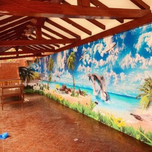 Tropical Beach Dolphins Mural Print | Coastal Decor | Beach Wallpaper | Dolphins | Palm Trees | Turquoise Water | Seagulls | Custom Canvas and Murals Print Nepal