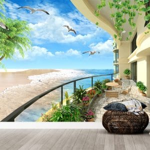 Beach Balcony Ocean View Mural Print | Coastal Decor | Beach Wallpaper | Ocean View | Balcony Garden | Seagulls | Tropical Beach | Custom Canvas and Murals Print Nepal