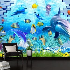 Dolphins Underwater World 3D Mural Print | Ocean Art | 3D Wallpaper | Dolphins | Tropical Fish | Jellyfish | Underwater Scene | Custom Canvas and Murals Print Nepal