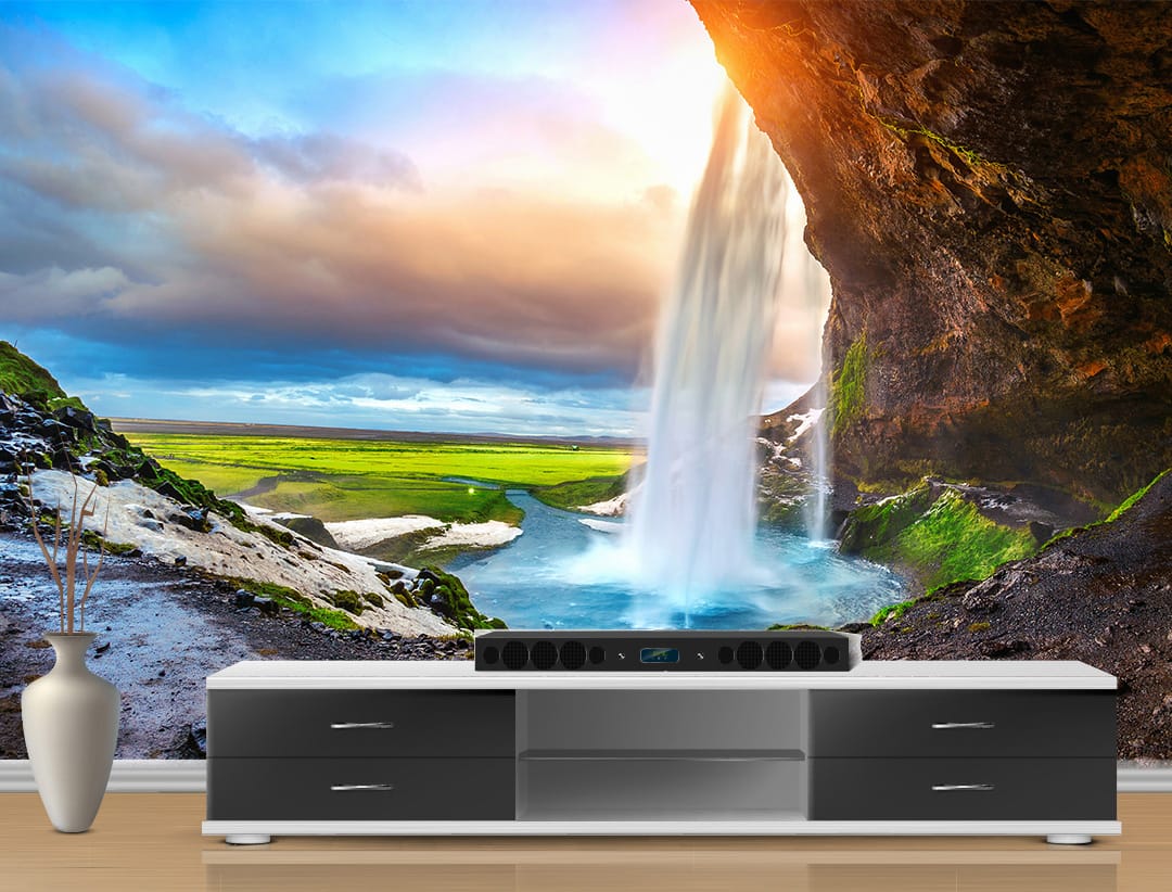 Iceland Cave Waterfall Landscape Wallpaper Iceland Cave Waterfall Landscape Wallpaper | Unique Nature Wall Decor Nepal | Iceland Wallpaper | Waterfall Cave Mural | Green Landscape Wall Art | Dramatic Sky Mural | Custom Mural Print Nepal | Custom Canvas Print Nepal