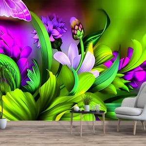 Vibrant Floral Abstract Mural Print | Colorful Decor | Abstract Wallpaper | Floral Design | Purple Flowers | Green Leaves | Butterfly Art | Custom Canvas and Murals Print Nepal