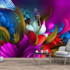 Luminous Floral Abstract Mural Print | Vibrant Art | Abstract Wallpaper | Floral Design | Blue Flowers | Purple Petals | Red Accents | Butterfly Art | Custom Canvas and Murals Print Nepal