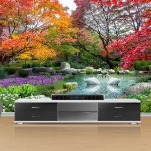 Autumn Lake Swan Garden Wallpaper | Serene Nature Wall Decor Nepal | Fall Wallpaper | Lake Mural | Swan Wall Art | Autumn Garden Mural | Custom Mural Print Nepal | Custom Canvas Print Nepal