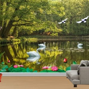 Serene Forest Lake Wildlife Mural Print | Tranquil Nature Wall Decor Nepal | Lake Wallpaper | Forest Mural | Swan Wall Art | Deer Mural | Water Lily Mural | Custom Mural Print Nepal | Custom Canvas Print Nepal