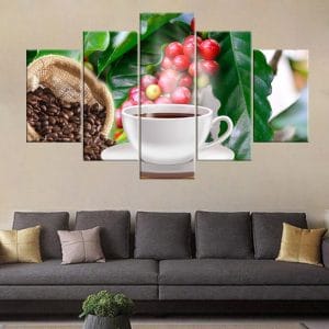 Coffee Plant Beans Cup Canvas Print | Coffee Canvas Art | Kitchen Decor | Coffee Cherries | Coffee Plant | Roasted Beans | Burlap Sack | Coffee Cup | Steaming Coffee | Food and Beverage Art | Home Decor | Custom Canvas Print Nepal | Custom Murals Print Nepal
