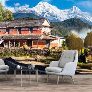 Rural Nepali House Mountain Mural Print | Village Decor | Nepal Wallpaper | Traditional House | Mountain View | Custom Canvas and Murals Print Nepal