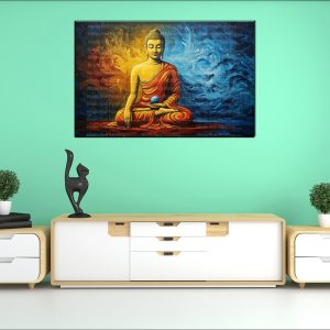 Radiant Buddha Blue Orb Divided Canvas | Buddha | Spiritual Art | Home Decor | Single Panel Canvas Nepal | Custom Canvas Print Nepal | Wall Painting | wall art nepal | Wallpaper Nepal | Stunning Mural print