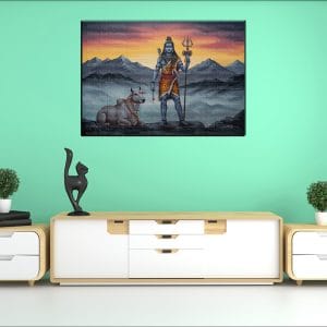Misty Shiva Nandi Sunset Canvas | Lord Shiva | Mahadev | Hindu God | Spiritual Art | Home Decor | Single Panel Canvas Nepal | Custom Canvas Print Nepal | Wall Painting | wall art nepal | Wallpaper Nepal | Stunning Mural print