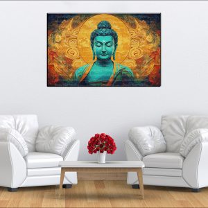 Teal Buddha Golden Aura Floral Canvas | Buddha | Spiritual Art | Home Decor | Single Panel Canvas Nepal | Custom Canvas Print Nepal | Wall Painting | wall art nepal | Wallpaper Nepal | Stunning Mural print