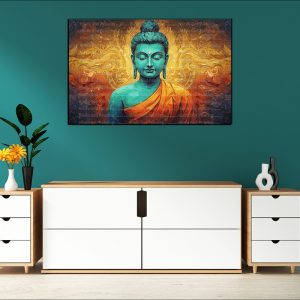 Teal Buddha Golden Aura Abstract Canvas | Buddha | Spiritual Art | Home Decor | Single Panel Canvas Nepal | Custom Canvas Print Nepal | Wall Painting | wall art nepal | Wallpaper Nepal | Stunning Mural print