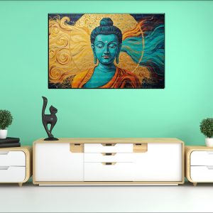 Teal Buddha Golden Aura Abstract Canvas | Buddha | Spiritual Art | Home Decor | Single Panel Canvas Nepal | Custom Canvas Print Nepal | Wall Painting | wall art nepal | Wallpaper Nepal | Stunning Mural print