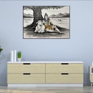 Shiva Nandi Riverside Sketch Canvas | Lord Shiva | Mahadev | Hindu God | Spiritual Art | Home Decor | Single Panel Canvas Nepal | Custom Canvas Print Nepal | Wall Painting | wall art nepal | Wallpaper Nepal | Stunning Mural print