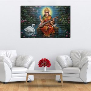 Saraswati Swan Pond Canvas | Saraswati | Hindu Goddess | Spiritual Art | Home Decor | Single Panel Canvas Nepal | Custom Canvas Print Nepal | Wall Painting | wall art nepal | Wallpaper Nepal | Stunning Mural print