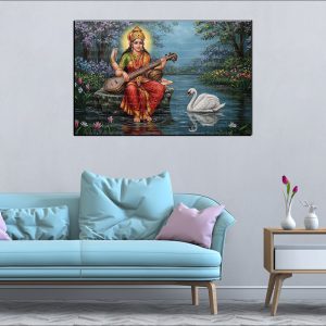 Saraswati Lake Swan Canvas | Saraswati | Hindu Goddess | Spiritual Art | Home Decor | Single Panel Canvas Nepal | Custom Canvas Print Nepal | Wall Painting | wall art nepal | Wallpaper Nepal | Stunning Mural print