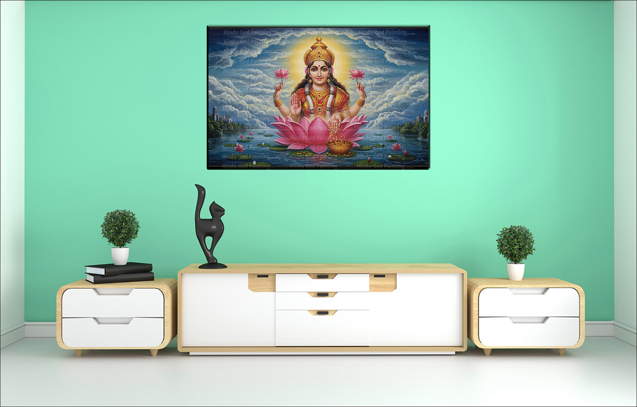 Lakshmi Lotus Lake Canvas Lakshmi Lotus Lake Canvas | Lakshmi | Hindu Goddess | Spiritual Art | Home Decor | Single Panel Canvas Nepal | Custom Canvas Print Nepal | Wall Painting | wall art nepal | Wallpaper Nepal | Stunning Mural print