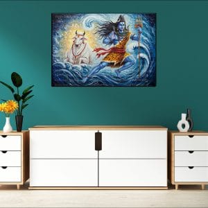 Shiva Nandi Dynamic Water Canvas | Lord Shiva | Nandi | Shiva and Nandi | Blue Water Art | Dynamic Waves | Hindu God | Spiritual Art | Home Decor | Single Panel Canvas Nepal | Custom Canvas Print Nepal | Wall Painting | wall art nepal