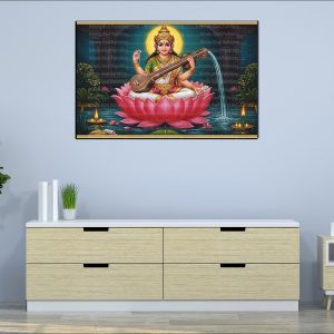 Saraswati Lotus Veena Flowing Water Canvas | Saraswati | Hindu Goddess | Spiritual Art | Home Decor | Single Panel Canvas Nepal | Custom Canvas Print Nepal | Wall Painting | wall art nepal | Wallpaper Nepal | Stunning Mural print
