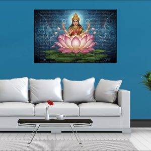 Lakshmi Lotus Coins Blue Canvas | Lakshmi | Hindu Goddess | Spiritual Art | Home Decor | Single Panel Canvas Nepal | Custom Canvas Print Nepal | Wall Painting | wall art nepal | Wallpaper Nepal | Stunning Mural print