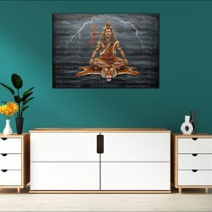Stormy Shiva Tiger Skin Meditation Canvas | Lord Shiva | Meditating Shiva | Tiger Skin | Storm Art | Lightning | Subtle Text | Hindu God | Spiritual Art | Home Decor | Single Panel Canvas Nepal | Custom Canvas Print Nepal | Wall Painting | wall art nepal