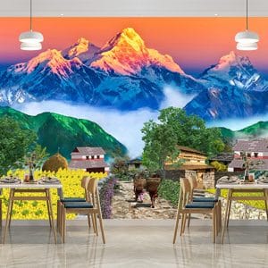 Annapurna Sunrise Village Nepal Mural Print | Nature Culture Decor | Annapurna Wallpaper | Nepal Village Art | Sunrise Mountains | Himalayan Landscape | Custom Mural Print Nepal | Custom Canvas Print Nepal