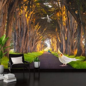 Enchanted Forest Birds 3D Mural Print | Nature Art | 3D Wallpaper | Forest Scene | Birds | Cockatiel | Peacock | Magical Forest | Custom Canvas and Murals Print Nepal