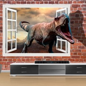 Dinosaur Window Attack 3D Mural Print | Prehistoric Art | 3D Wallpaper | T-Rex | Dinosaur | Window Crash | Custom Canvas and Murals Print Nepal