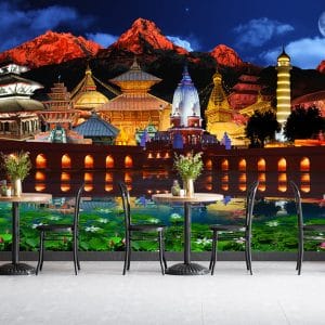 Kathmandu Night Temples Moon Mural Print | Nepal Decor | Kathmandu Wallpaper | Night Scene | Illuminated Temples | Moonlight | Custom Canvas and Murals Print Nepal