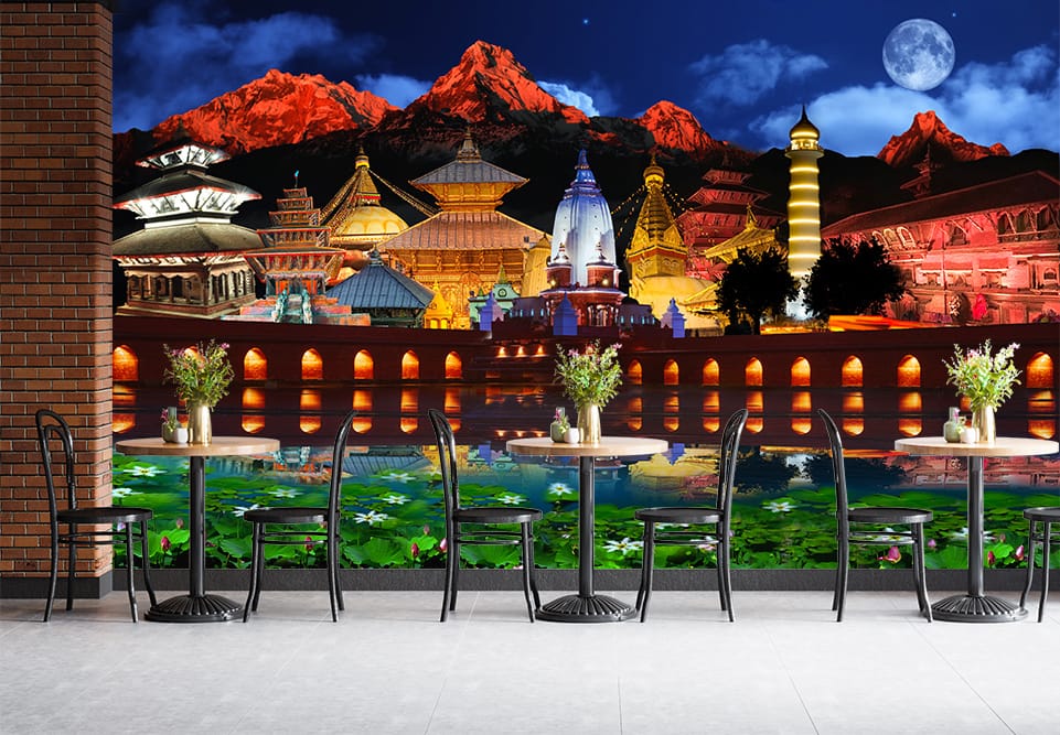 Kathmandu Night Temples Moon Mural Print Kathmandu Night Temples Moon Mural Print | Nepal Decor | Kathmandu Wallpaper | Night Scene | Illuminated Temples | Moonlight | Custom Canvas and Murals Print Nepal