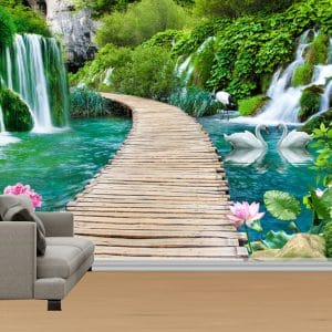 Waterfall Wooden Bridge Wallpaper | Serene Nature Wall Decor Nepal | Waterfall Wallpaper | Bridge Mural | Swan Lake Wallpaper | Custom Mural Print Nepal | Custom Canvas Print Nepal