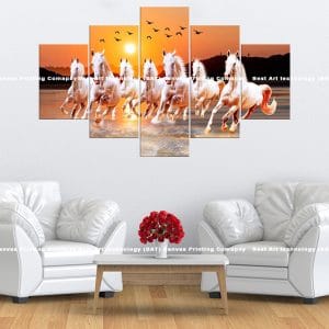 Seven White Horses Sunrise Water Canvas Print | Seven Horses | Sunrise | Water | Galloping | Animal Art | Home Decor | Custom Canvas Print Nepal | Custom Murals Print Nepal | Wallpaper Art