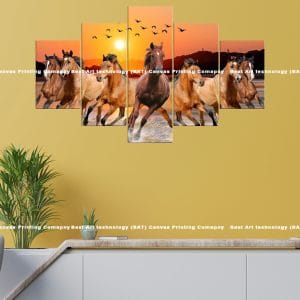 Seven Wild Horses Canvas Print | Wild Horses | Sunrise | Dusty Plain | Galloping | Animal Art | Home Decor | Custom Canvas Print Nepal | Custom Murals Print Nepal | Wallpaper Art