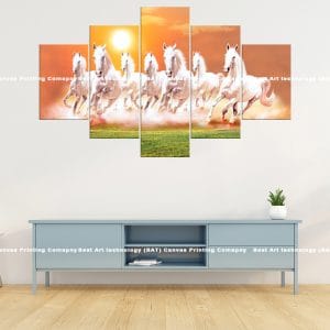 Seven White Horses Sunrise Field Canvas Print | Seven Horses | Sunrise | Field | Galloping | Animal Art | Home Decor | Custom Canvas Print Nepal | Custom Murals Print Nepal | Wallpaper Art